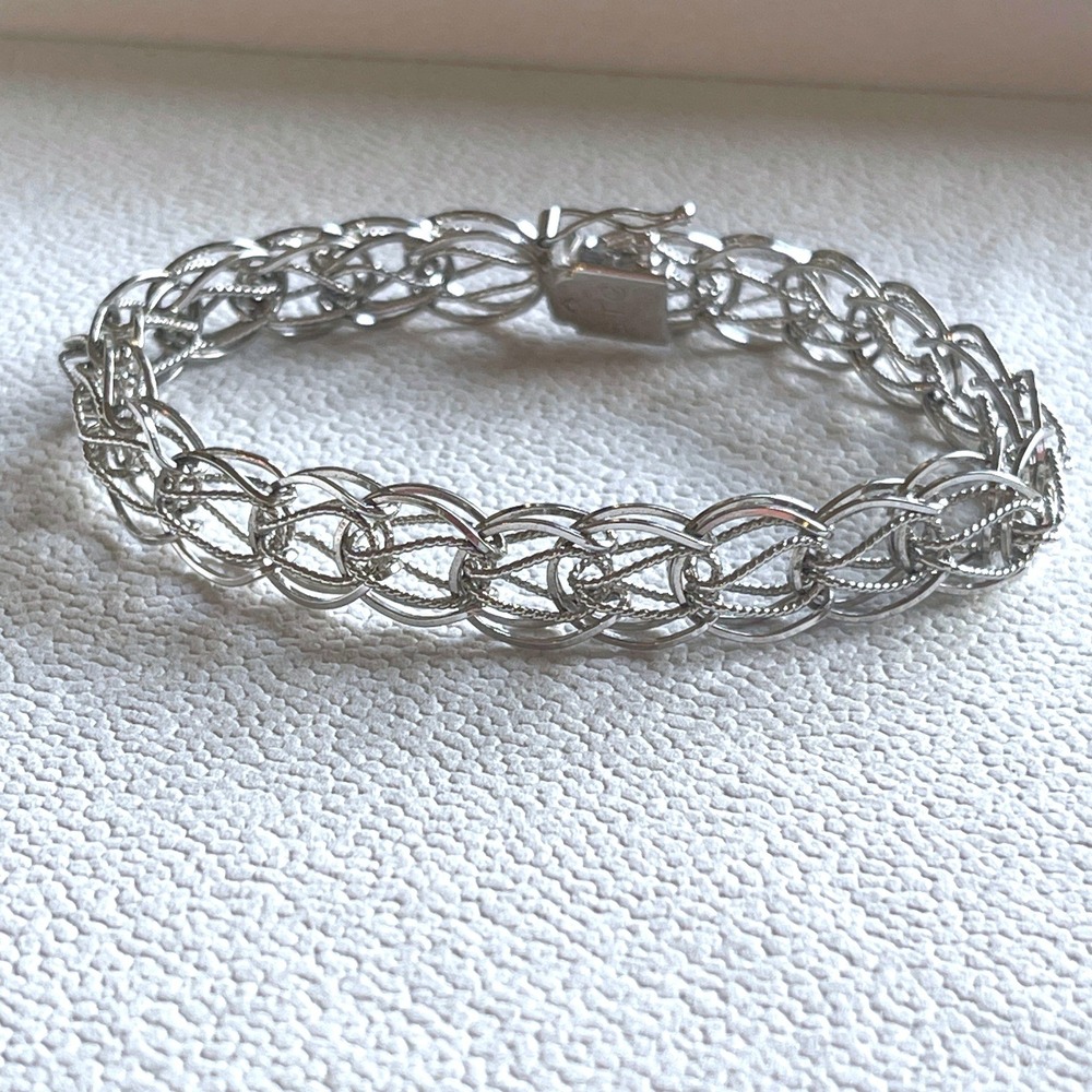 Vintage Sterling Silver STG Openwork Interlocking Link Charm Bracelet 7" 11g